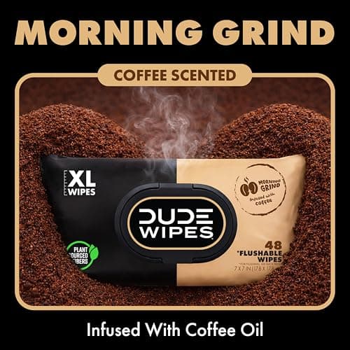 DUDE Wipes Morning Grind Flushable Wipes - Coffee Scented Extra-Large Adult Wet Wipes - 3 Pack (144 Count) - Infused with Coffee Oil, Vitamin E, and Aloe - Septic and Sewer Safe