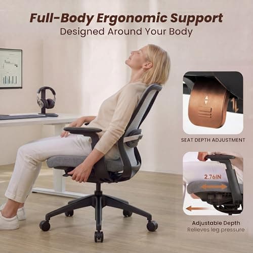 COLAMY Office Chair for Long Hours, Easy Wire-Control Desk Chair with Sliding Seat Depth & Thick Padded Lumbar Support, Heavy Duty 300 LBS High Back Mesh Computer Chair for Home Workstation,Grey — view 3