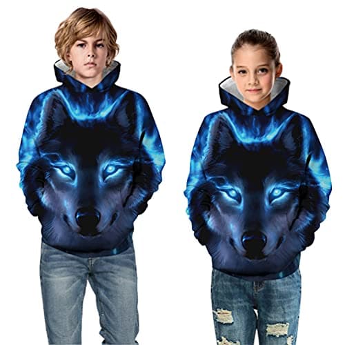Imbry Boys Girls 3D Printed Hoodie for Kids Animal Hooded Pullover Sweatshirt(M,Blue Wolf)