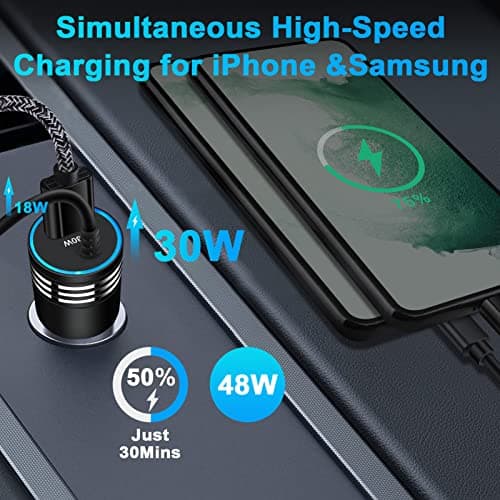 for iPhone 17e/17/16/15 Car Charger,48W PD+QC USB C Fast Car Charger Cigarette Lighter Adapter with 30W Built-in Coiled Type C Fast Charging Cable for iPhone 17e 17 Pro Max Air 16e 16 Pro Max 16 Plus