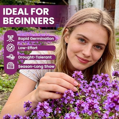Fruivity 20000+pcs Purple Creeping Thyme Seed for Planting, Heirloom Perennial Ground Cover Flowers Seeds, Lawn Alternative, Fragrant Herb Seeds for Lawns & Paths Garden Backyard