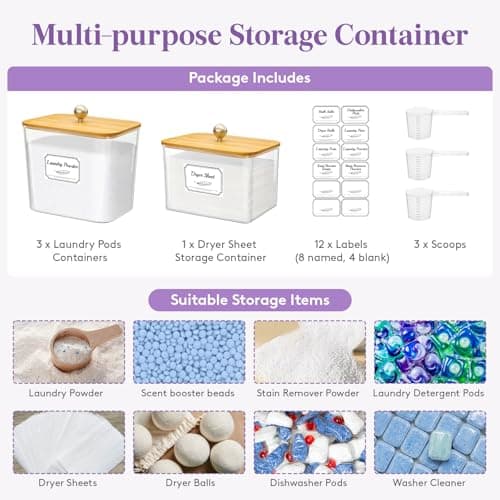 Lifewit Laundry Pods Container with Lid, Dryer Sheet Holder, Room Organization Storage for Coffee Pods Kcup Washing Powder, Scent Booster Beads, 2600 +2000ml/0.53+0.7gal，Natural,4 Pcs — view 2