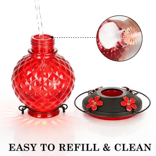 Tegarbed 25 OZ Glass Hummingbird Feeder for Outdoors, Leak Proof Hummingbird Feeder with Ant Moat, 4 Bee Resistant Feeding Ports, Easy Clean Wide Mouth Design, 360° Perch, Hanging Nectar Feeder, Red — view 2