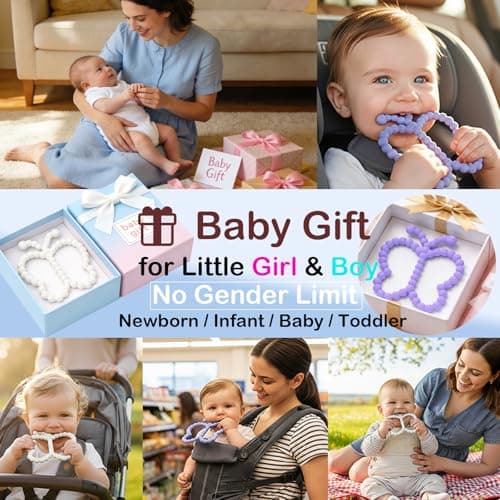 2 Pcs Baby Teething Toys Silicone Butterfly Teething Rings Over 3 Months - Baby Essentials Sensory Chew Toys -Baby Teether for Teething Relief -BPA Free Infant Toys Baby Shower Gifts (2, White,Purple) — view 2