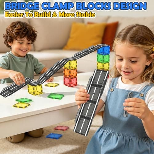 IGIVI Magnetic Tiles Road with Bridge Clamp, STEM Magnetic Building Blocks for Kids, Educational Montessori Sensory Toys for Kids Ages 3-5 4-8 5-7, Gift for 3+ Year Old Boys Girls