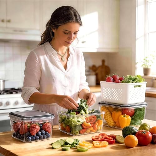 HOMETALL 5 Pack Fruit Storage Containers for Fridge, Plastic Fruit Containers for Fridge with Removable Colanders, Leakproof Fridge Organizers and Storage for Berry Vegetable Salad Lettuce Meat Food — view 7