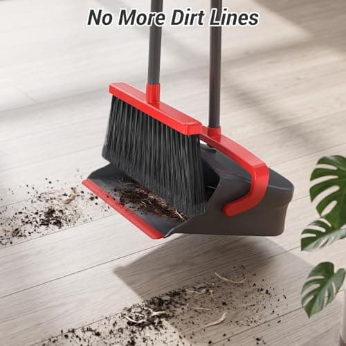 Zeawec Broom with Dustpan Combo Set, Long Handle Upright Standing Self-Cleaning Broom and Dustpan Set for Pet Hair & Dust Cleanup, Indoor Outdoor Use for Home, Kitchen, Office, Red & Gray — view 3