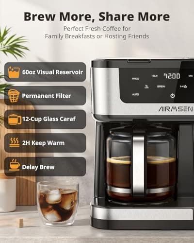 AIRMSEN 12-Cup Programmable Dual Coffee Maker – Single Serve Machine for K-Cup Pods & Ground, 1000W Fast Brew, Delay Start, 2H Keep Warm, Touchscreen, 60oz Tank, Glass Carafe – Home & Office — view 2