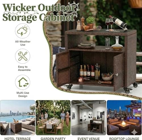 SONGBATE Outdoor Storage Cabinet with Wheels, Patio Sideboard Buffet Cabinet with Metal Slatted Countertop, 2-Door Wicker Sideboard, Outdoor Bar for Patio Garden Backyard Poolside, Mix Brown — view 4