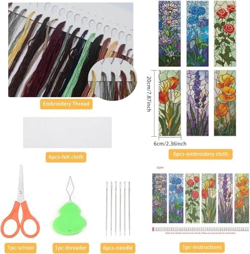 6 Pcs Cross Stitch Bookmark Kit for Adult Beginners,Broken Glass Flowers Cross Stitch Kits 14 CT DIY Cross Stitch Kits Adult Stamped Bookmark Embroidery Bookmarks Kit