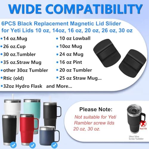 6Pcs Magnetic Lid Slider Replacement for Yeti, Lid Slider Push Block Parts for Yeti Rambler 10 oz, 14 oz, 16 oz, 20 oz, 26 oz, 30 oz Magnetic Lids, Black — view 2