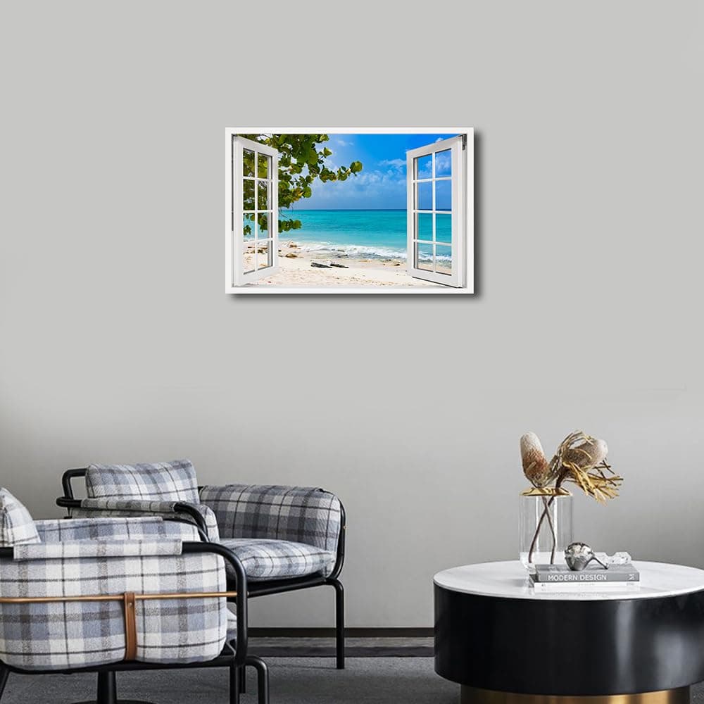 TISHIRON 3D Window View Seaside Effect Canvas Wall Art Prints for Living Room Bedroom Decor Office Kitchen Home Decoration Framed Ready to Hang 12x18inch — view 2