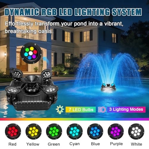Floating Pond Fountain, 750W 110V 15,000 GPH Pond Pump with 4 RGB Lighting, 100-Foot Power Cord for Small & Large Ponds, Lakes