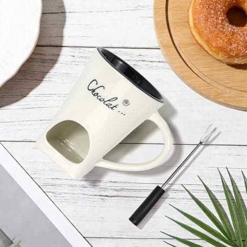 Chocolate Fondue Mug with Fork Sweet Ceramic Personal Chocolate Melting Cup Chocolate Fondue Mug Ideal Gifts for Birthday Date Night Birthday Wedding Gifts (white) — view 4