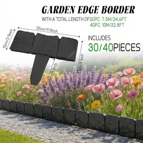 30/40 Pcs Garden Edging Border, Plastic Stone Effect 24/32ft Landscape/Lawn Edging Garden Decor Fence for Garden Lawn Landscape Flower Bed Patios DIY Yard No Dig (30, Black)