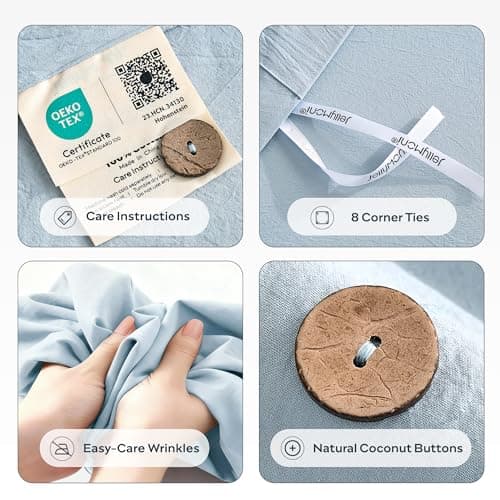 JELLYMONI 100% Washed Cotton Duvet Cover Queen – Soft, Breathable Linen-Look Bedding with Natural Wrinkle Texture, Button Closure, 3-Piece Set (Mist Blue, 90"x90") — view 3