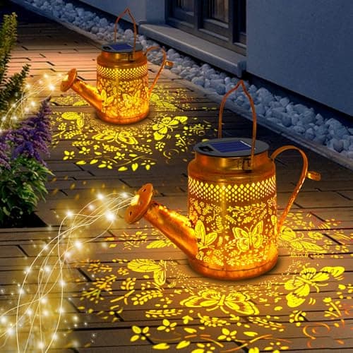 2 Pack Solar Powered Butterfly Watering Can Lights Waterproof Outdoor Decor with Shepherd Hook Hanging Patio Lights for Yard, Garden, Backyard Perfect Gardening Birthday Gift for Women, Mom, Grandma — view 3