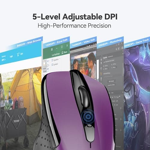 TECKNET Wireless Mouse, 2.4G Ergonomic Optical Mouse, Computer Mouse for Laptop, PC, Computer, Chromebook, Notebook, 6 Buttons, 24 Months Battery Life, 2600 DPI, 5 Adjustment Levels - Purple — view 5
