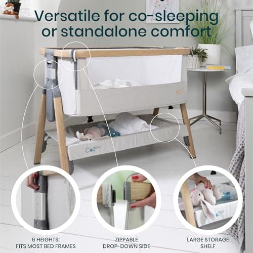 Tutti Bambini CoZee® 2-in-1 Baby Bassinet & Bedside Sleeper - Fast-Folding Bedside Bassinet, Baby Crib with 6 Mattress Heights & Breathable Mesh Window, Mattress Included, 0-6 Months (Silver & Oak) — view 2