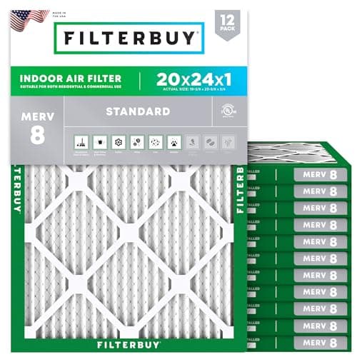 Filterbuy 20x24x1 Air Filter MERV 8 Essential Dust & Allergy Defense (12-Pack), Electrostatic Pleated HVAC AC Furnace Filters Replacement, Made in USA (Actual Size: 19.38 x 23.38 x 0.75)