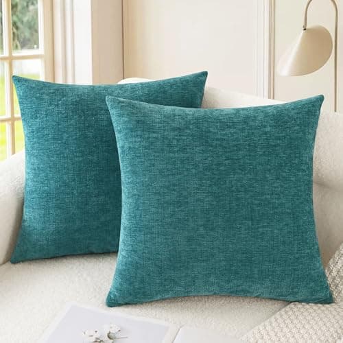 CaliTime Pack of 2 Cozy Throw Pillow Covers Cases for Couch Sofa Home Decoration Solid Dyed Soft Chenille 18 X 18 Inches Teal