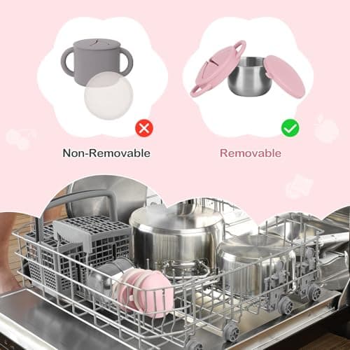 Daximo 2 Pack Snack Cups for Toddlers Spill Proof - Detachable Stainless Steel Toddler Snack Cups with Silicone Lids & Handles - Dishwasher Safe Snack Container (Matte Pink and Matte Off White) — view 4
