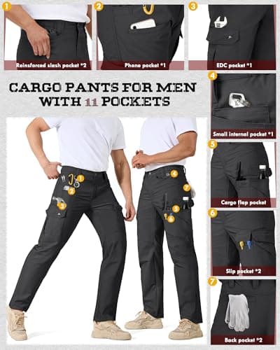 IGOLUMEN Work Pants for Men Stretch Tactical Pants with 11 Pockets Ripstop Cargo Pant Construction Utility Trouser Hiking EDC, Black — view 2