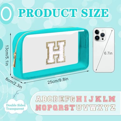Mini Clear Personalized Initial Makeup Bag, Nylon Preppy A-Z Chenille Letter Patch Zipper Cosmetic Bag, Small Cute Pouch Travel Coin Purse Toiletry Bag, Small-Cyan, H