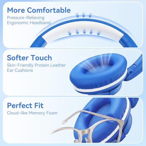 Wired Headphones with Microphone, Over Ear Lightweight Foldable 3.5mm Plug in Corded Headphones Wired with Volume Control, 4.9ft Tangle-Free Cord for Tablet Laptop MP3/4 School Travel Blue White — view 5