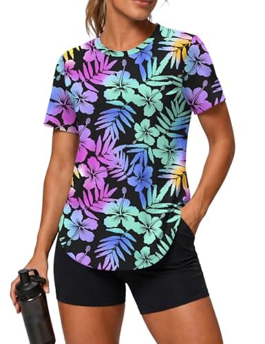LOMON Cooling Workout Shirts for Women Short Sleeve Athletic Tops Quick Dry Moisture Wicking UV Sun Protection Hiking Gym Tee Floral Print 1, Large — view 4