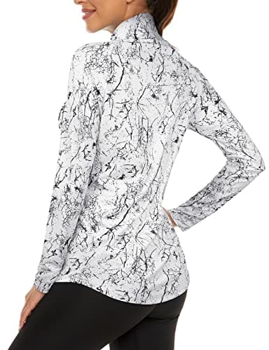 Luranee White Long Sleeve Shirts for Women,Dry Fit Shirt Casual Uv Protection Workout Tunic Athletic Quarter Zip Pullover Hiking Winter Shirt Zipper Sport Jackets Marble X-Large — view 3