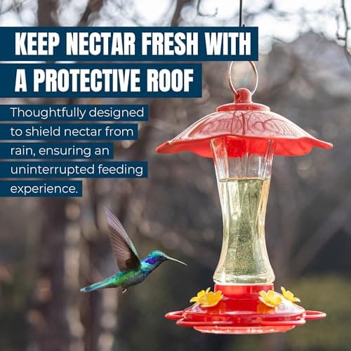 MEKKAPRO Hummingbird Feeders for Outdoors Glass - Red Hummingbird Feeders for Outdoors, Metal Ring, Bee-Proof Design, Easy Assembly, Red Hummingbird Feeder (Modern, 10oz) — view 4