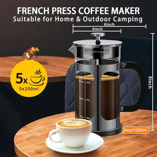 YMMIND French Press Coffee Maker (34oz 1Quart 5-6Cup) Coffee Press, with 4 Filters System, Heat Resistant Thickness Borosilicate Glass, Cold Brew Coffee Tea Pot Gifts (Bright Black) — view 4