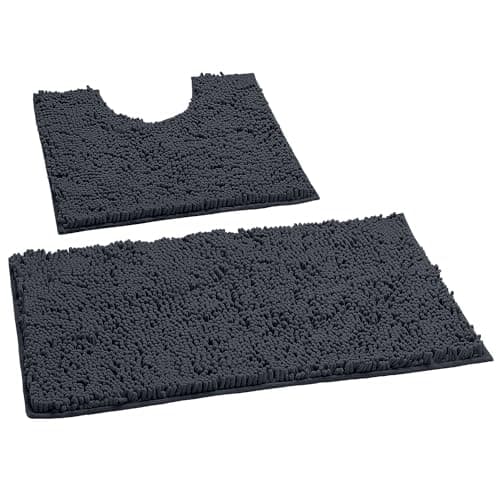 LuxUrux 2 Piece Bath Mat Set, Extra-Soft Plush Bath Shower Bathroom Rug + U-Shaped Toilet Mat. 1'' Chenille Microfiber Material. Super Absorbent. Machine Wash & Dry (Curved Set, Charcoal) — view 3