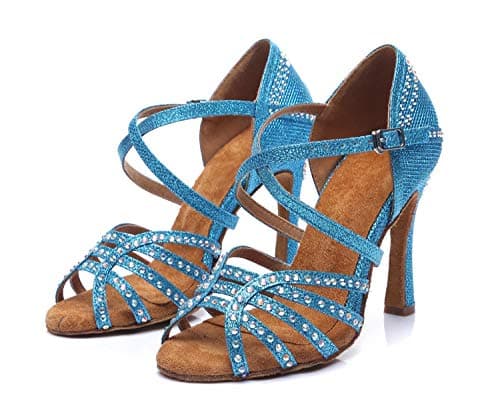 Minishion Women's Rhinestone Dance Shoes Ankle Strap Latin Salsa Dancing Heels, L419 Blue 10cm Heel, 7 — view 5