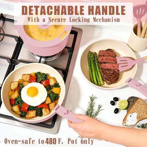 Umite Chef Pots and Pans Set Non Stick, 21 pcs Nonstick Ceramic Cookware Set, RV Kitchen Cooking Set with Detachable Handles, Oven Safe, Induction Cookware, Stackable, Pink, PFAS PFOA & PTFE Free — view 8
