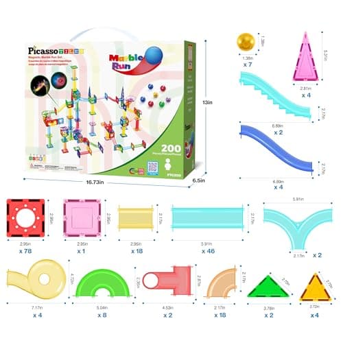 PicassoTiles Marble Run 200 Piece Magnetic Tile Race Track Toy Play Set STEM Building & Learning Early Educational Child Magnet Construction Block Creative Kit Boys & Girls Age 3+ Year Old Toys PTG200