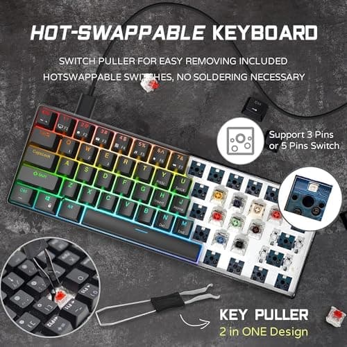 RK ROYAL KLUDGE RK61 Wired 60% Mechanical Gaming Keyboard Programmable QMK/VIA RGB Backlit 61 Keys Ultra-Compact Hot Swappable Red Switch Black — view 2