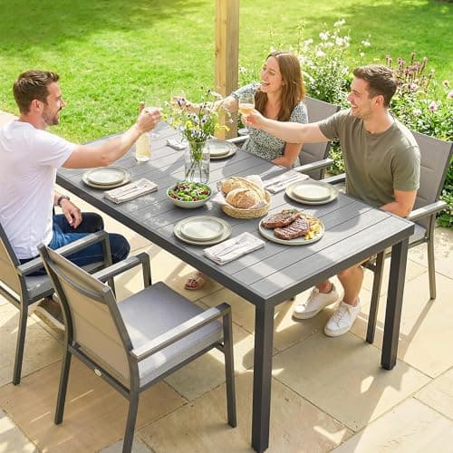Outsunny 55" Outdoor Dining Table for 6, Rectangular Patio Table with Slatted Wood-Plastic Composite Top and Steel Frame for Garden, Backyard, Deck, Grey — view 8