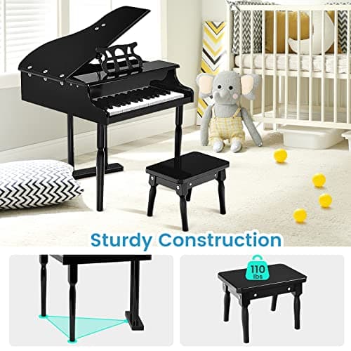 Goplus 30-Key Classical Kids Piano, Mini Grand Piano Wooden Learn-to-Play Musical Instrument Toy with Bench, Piano Lid, Music Rack, Gift for Boys Girls Aged 2+ Baby Toddler(3 Straight Leg-Black) — view 5