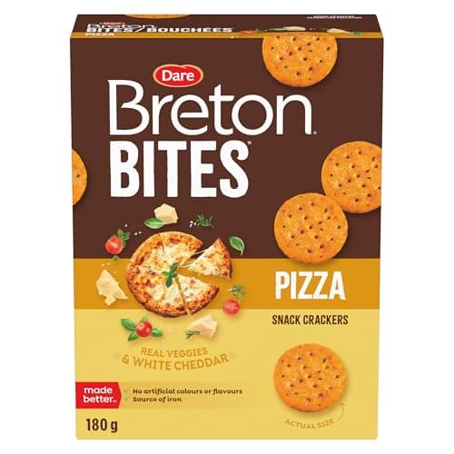 Breton Pizza Bites Crackers - Light, Crispy, and Cheesy Bite-sized Snack Crackers made with Real Veggies and Cheese, For School, Lunch Box, and More, Peanut Free, 180g