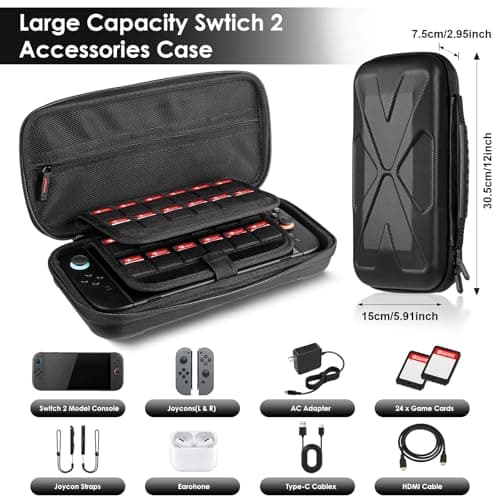 SPOVEN for Nintendo Switch 2 Case Black (2025), Portable Large Capacity Carrying Protective Hard Shell Travel Case, 4 in 1 Accessories Bundle with 2 Screen Protectors, 2 Thumb Grip Caps & Installation Tray — view 2