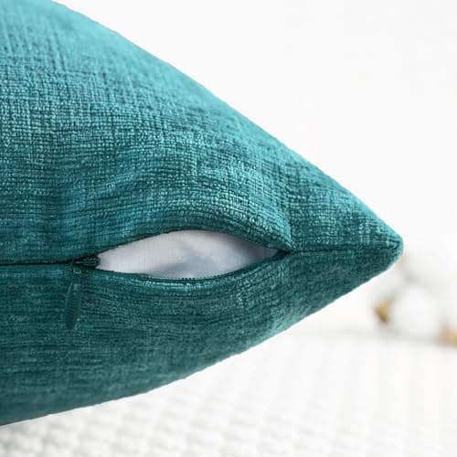 CaliTime Pack of 2 Cozy Throw Pillow Covers Cases for Couch Sofa Home Decoration Solid Dyed Soft Chenille 18 X 18 Inches Teal — view 2