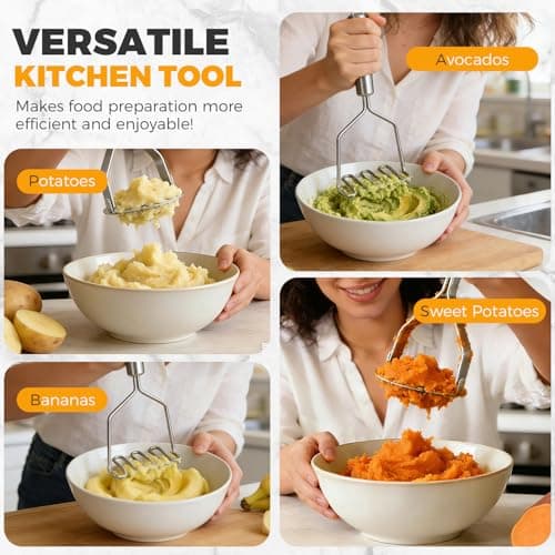 Potato Masher Stainless Steel 2-Piece Set - Heavy Duty Potato Ricer for Smooth Mashed Potatoes, Avocado, Vegetables and Soft Foods - Dishwasher Safe Kitchen Gadgets — view 3