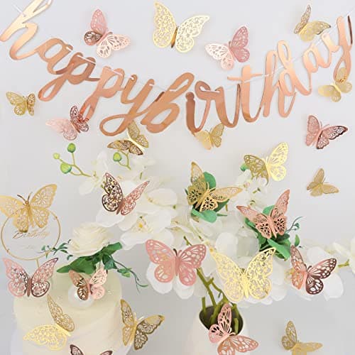 Nelotaor 72 Pcs Butterfly Wall Decor, 3 Styles 3 Sizes 3D Butterfly, Gold and Rose Gold Butterfly, Wedding Decorations, Birthday Party Decorations, Girls Bedroom Decoration(72 Pcs, Gold and Rose Gold) — view 2