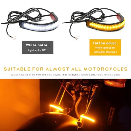 YTFRL 2PCS Motorcycle LED Turn Signal Light, Flexible Switchback Fork Turn Signal Blinkers Waterproof Tail Strips, Dual-Color DRL Daytime Running Light Adjustable Strip Bars for Motorbike — view 2