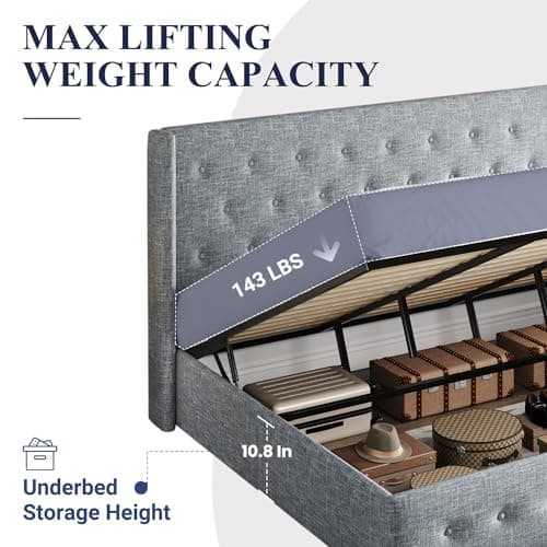 Allewie King Size Lift Up Storage Bed, Button Tufted Headboard with Wingback, Hydraulic Support, No Box Spring Needed, Grey Blue — view 4