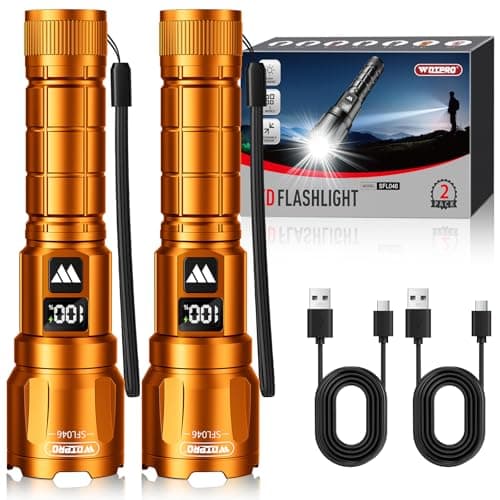 Wdtpro LED Rechargeable Flashlight 2 Pack, 3 Modes Super Bright High Lumens Flashlights, Zoomable Tactical Flash Light with LCD Display, IP65 Waterproof Flashlights for Home Emergency Camping - Orange — view 7