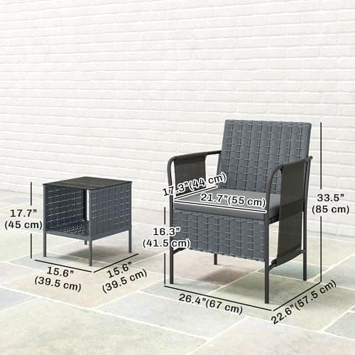 Outsunny 3 Piece Wicker Patio Furniture Set, Outdoor Bistro Set with Side Pockets, Mesh Seat, 2 Tier Glass Table, Cushions, Outdoor Conversation Furniture for Porch Balcony, Grey — view 6