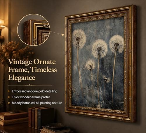 Vintage Gold Framed Dandelion Wall Art Moody Cottagecore Dandelion Painting Canvas Print Gothic Dark Plant Print Poster Wall Decor Retro Moody Plant Floral Poster Artwork for Bedroom Living room — view 2